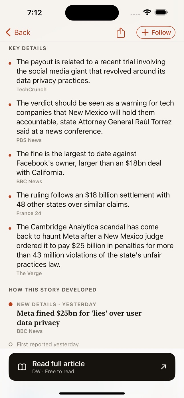 A story's key details, each credited to its outlet